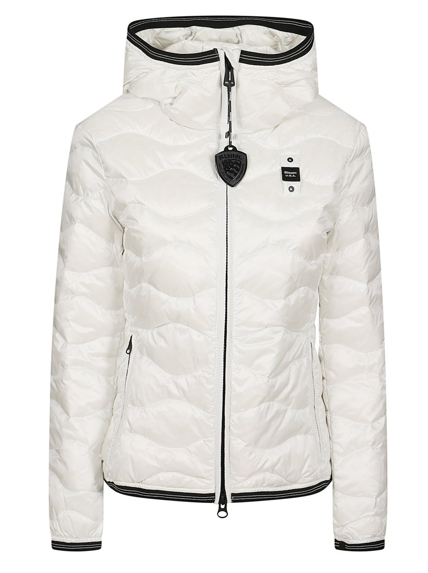 Blauer Quilted White Puffer Coat With Fixed Hood And Zippered Pockets