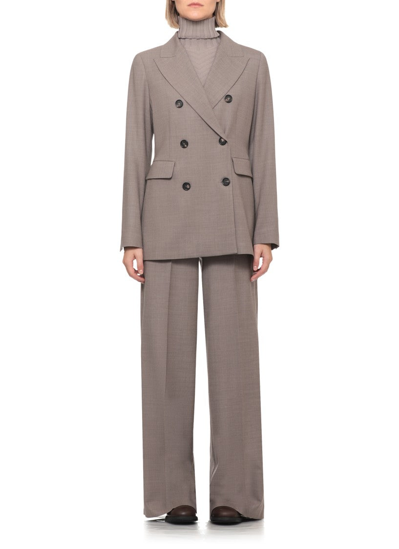 D. Exterior Beige Wool Peak-Lapel Double-Breasted Blazer