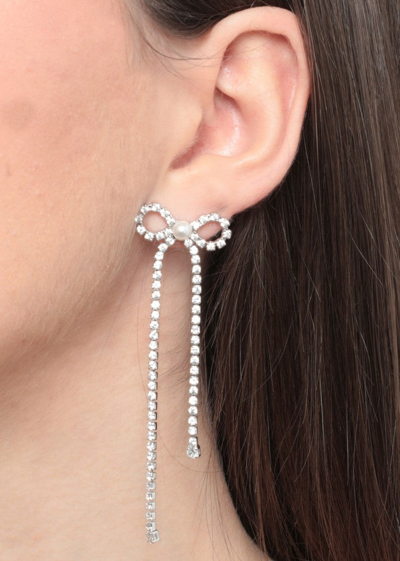 Self-Portrait Silver Crystal Droplet Bow Pearl Earrings