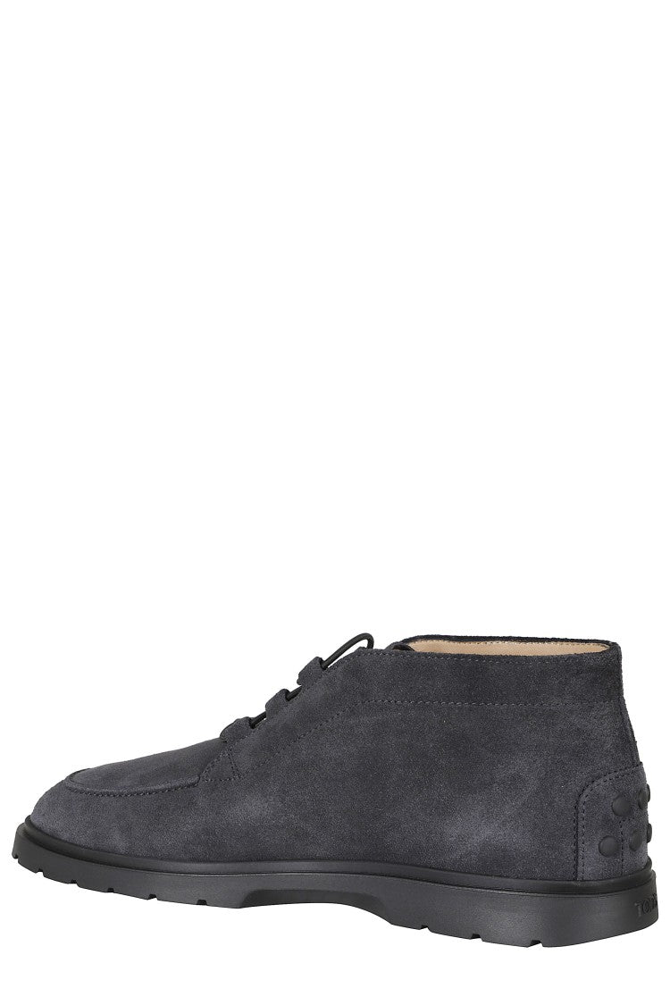 Tod's Blue Calf-High Laces Suede Rubber Sole Ankle Boots