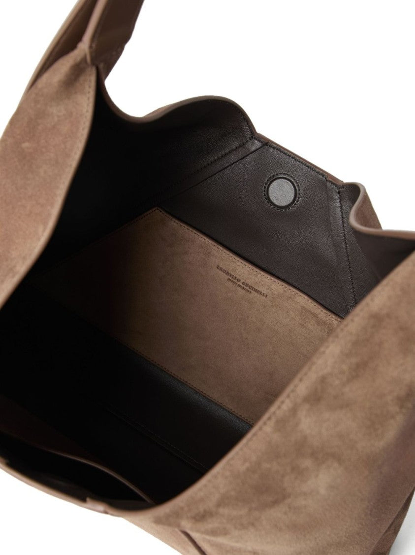 Brunello Cucinelli Tobacco Brown Calf Suede Handbag With Velvet Effect