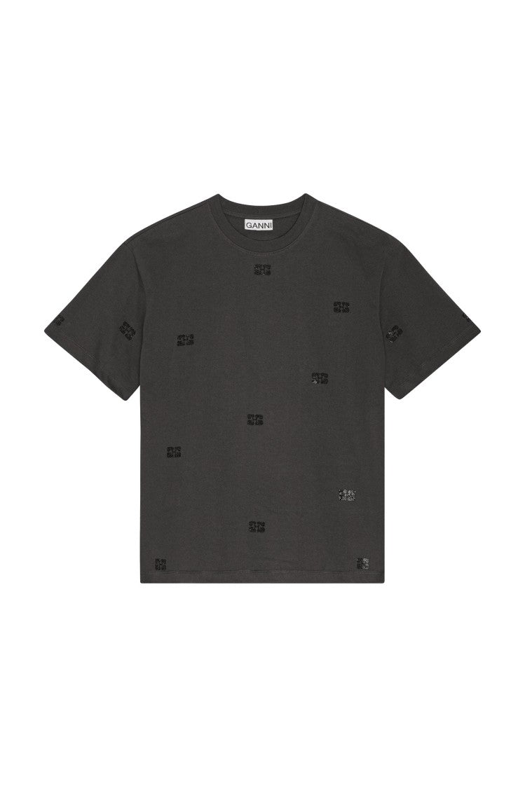 Ganni Black Cotton T-Shirt With Rhinestone Embroidery