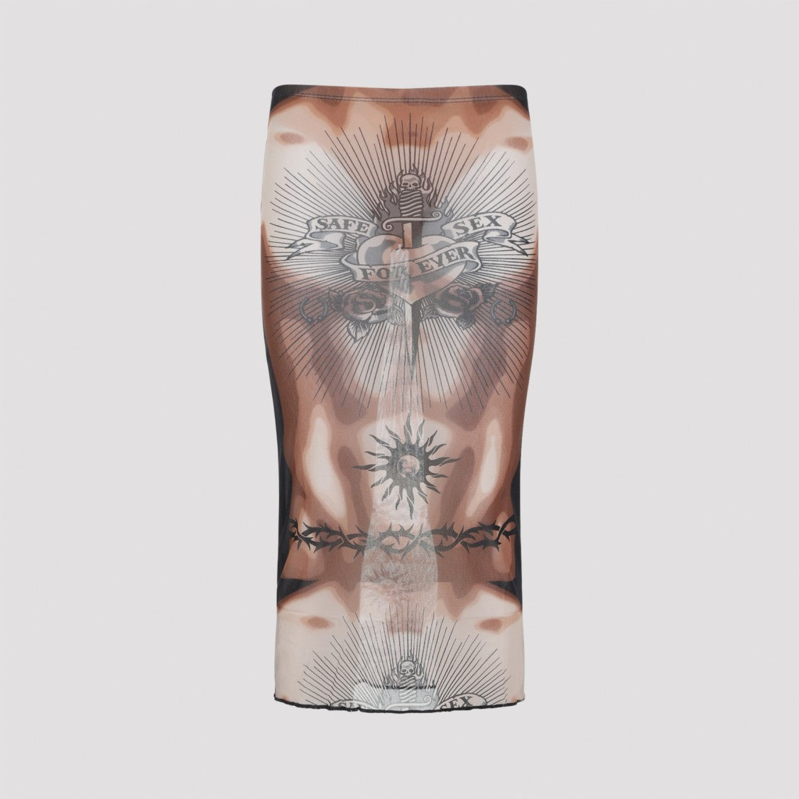 Jean Paul Gaultier Tattoo-Inspired Brown Midi Skirt With Frilled Hem