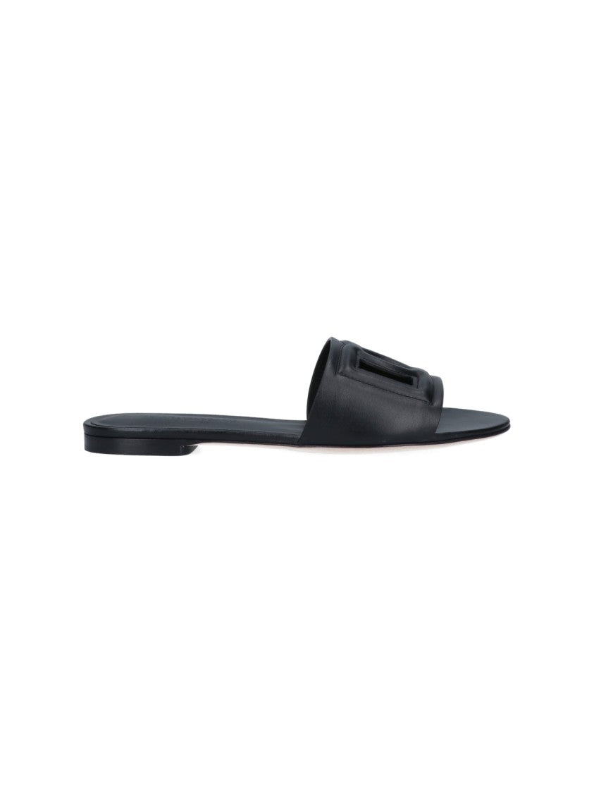 Dolce & Gabbana Black Dg Leather Slides Sandals