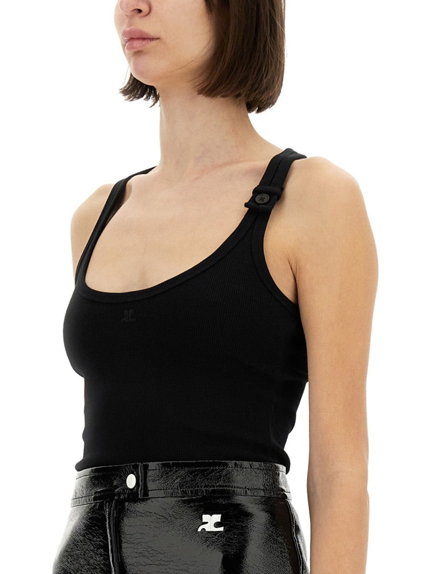 Courrèges Ribbed Black Tank Top With Adjustable Straps