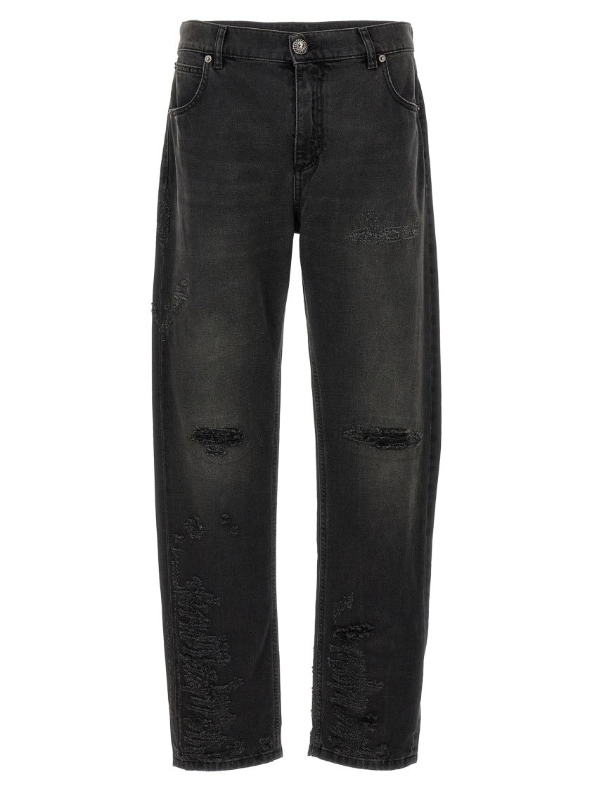 Balmain Distressed Relaxed Fit Black Denim Jeans