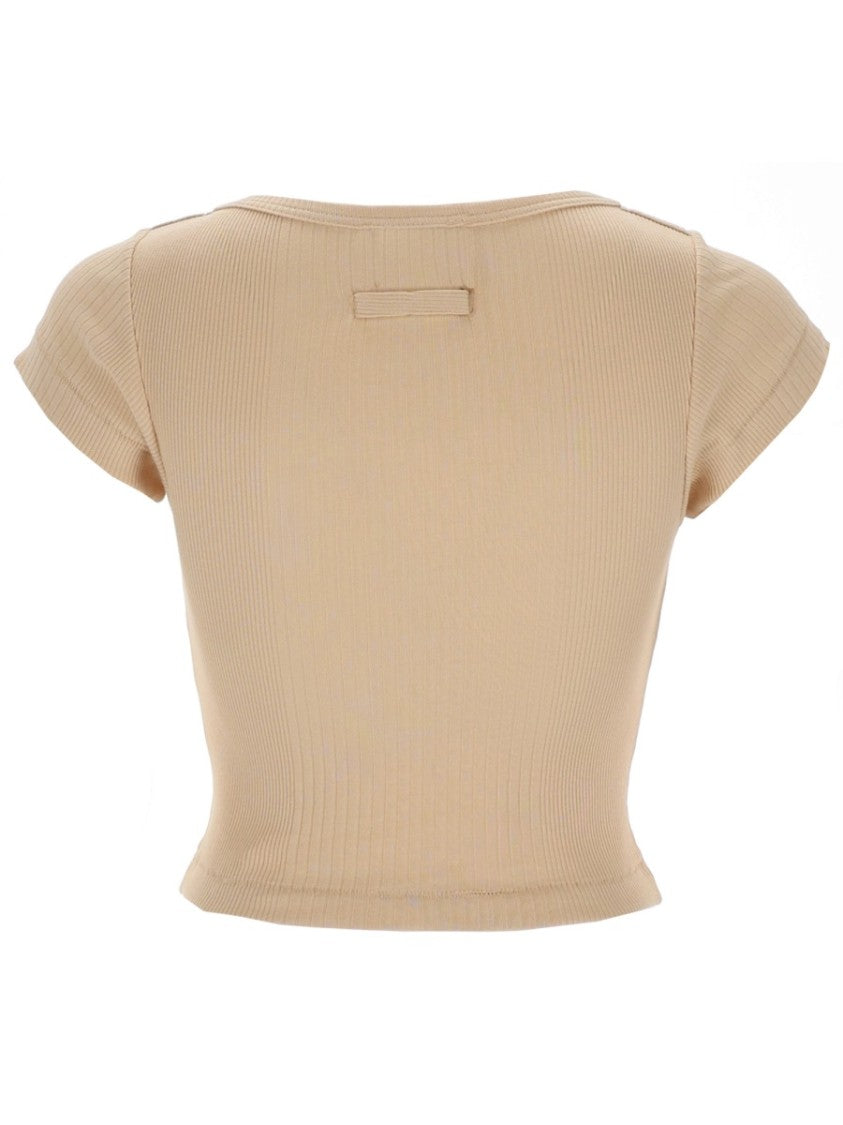 Jean Paul Gaultier Cropped Ribbed Knit Front Logo Patch Top