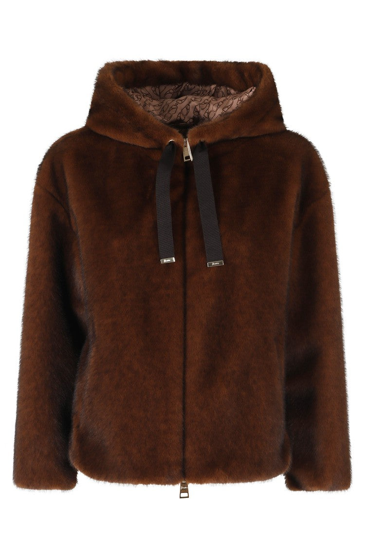 Herno Dark Brown High Crew Neck Hooded Polyester Jacket