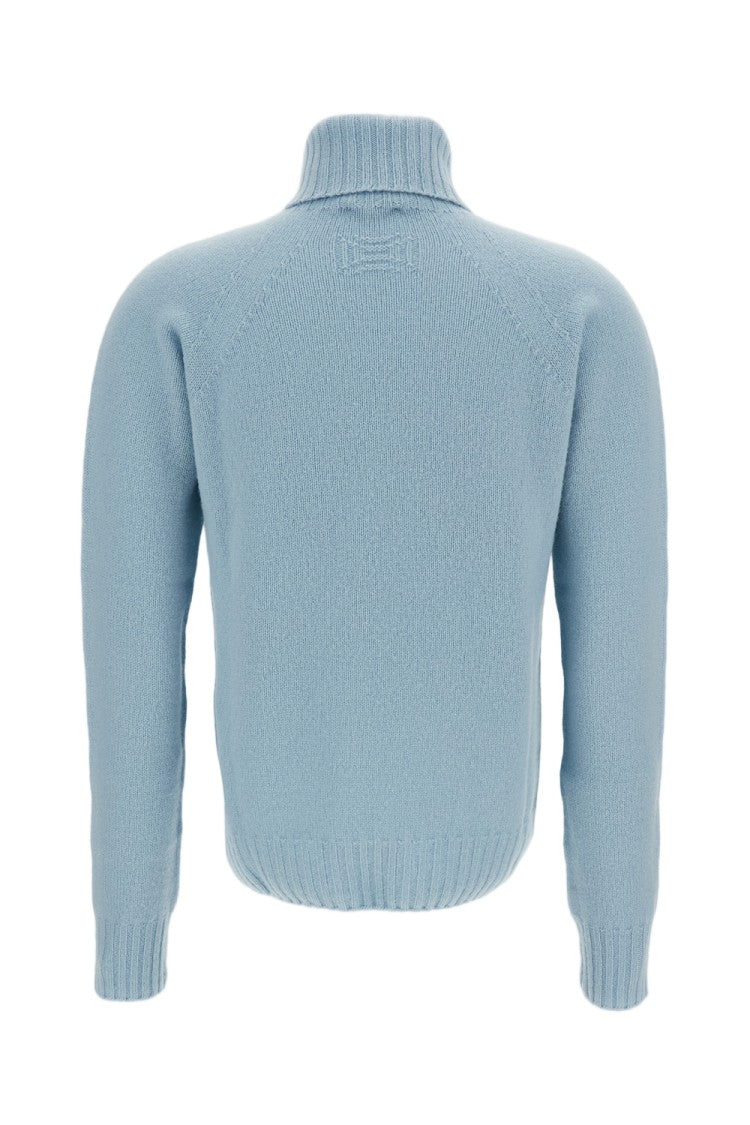 Drumohr Light Blue Flat-Knit Wool Turtleneck