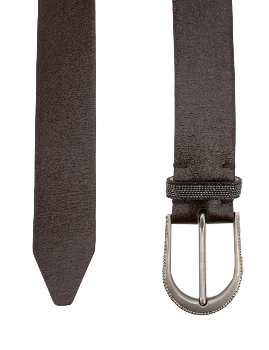 Brunello Cucinelli Brown Leather Belt With Polished Silver-Tone Buckle
