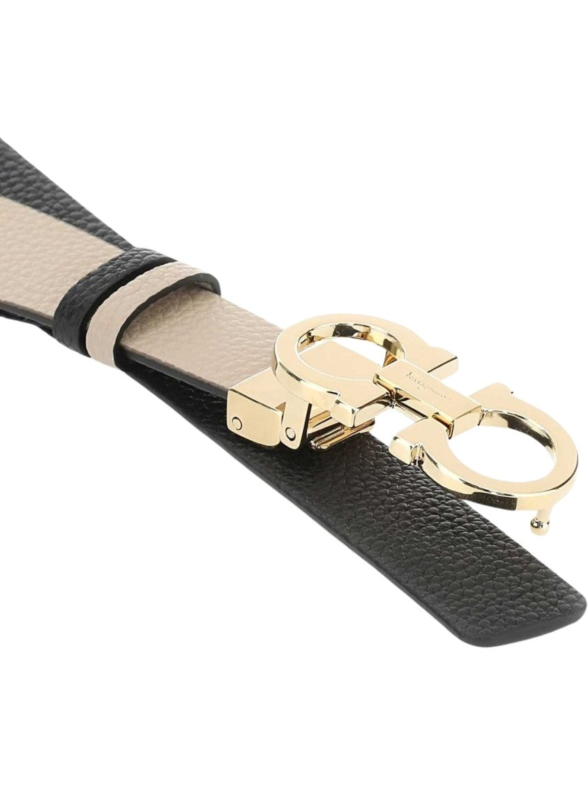 Ferragamo Textured Beige Leather Belt With Gold-Tone Gancini Buckle