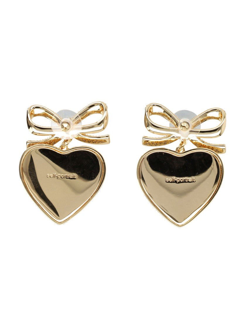 Self-Portrait Gold Bow Crystal Heart Earrings