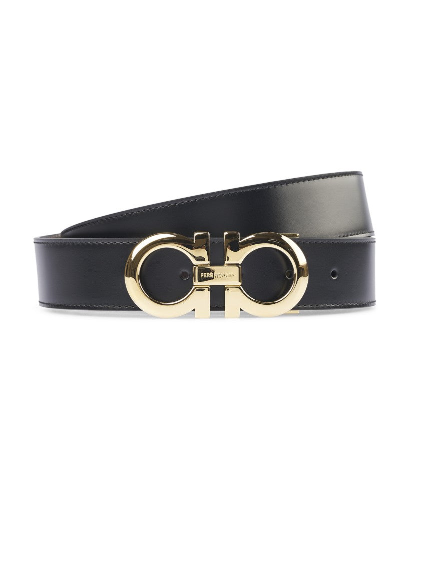 Ferragamo Black Leather Belt With Polished Gold-Tone Buckle