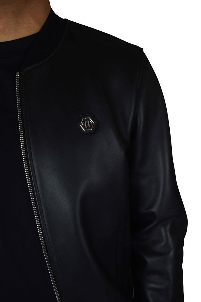 Philipp Plein Smooth Black Leather Bomber Jacket