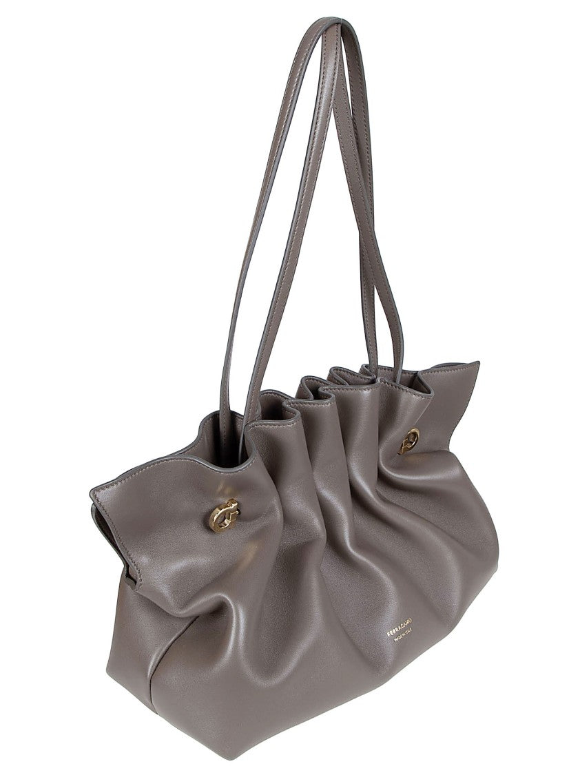 Ferragamo Ruched Grey Lamb Leather Shoulder Bag With Dual Straps