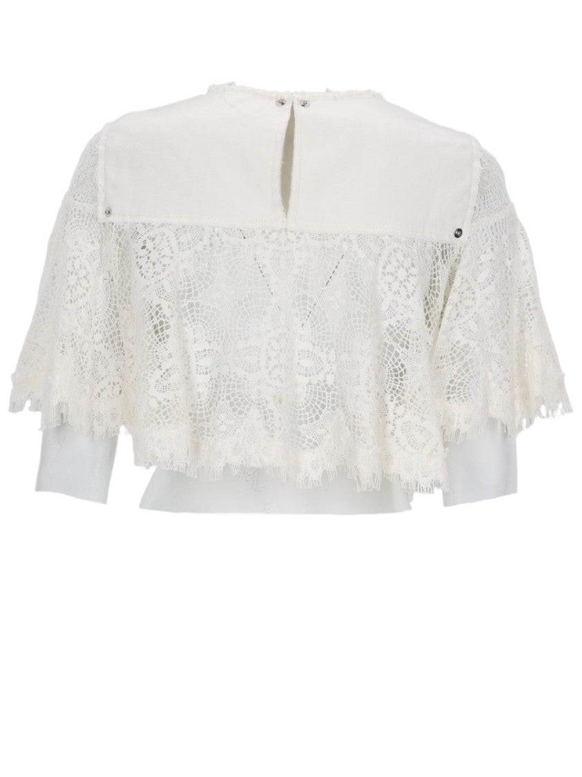 Alexander Mcqueen Cropped Top With Lace Overlay And Scalloped Edges