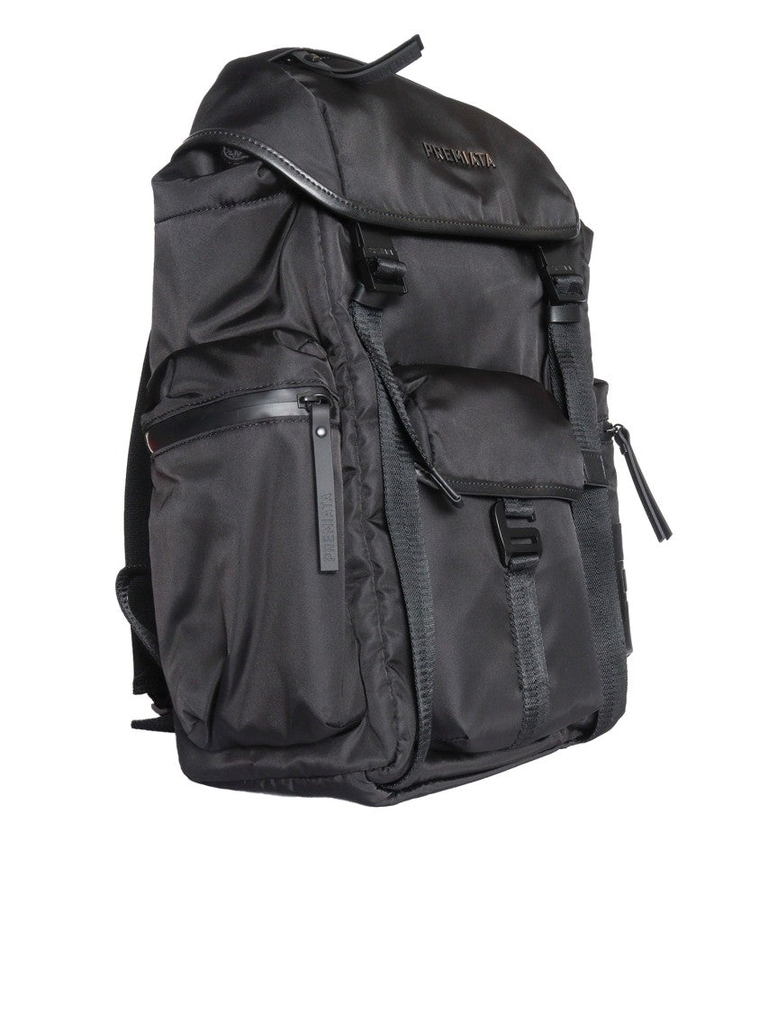 Premiata Structured Black Backpack With Flap Closure And Branded Detailing