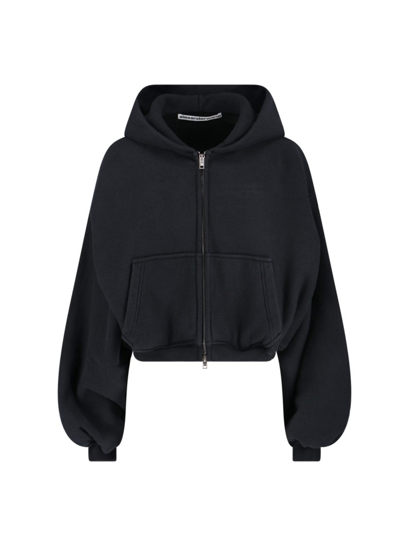 Alexander Wang Cropped Black Zip Hoodie With Balloon Sleeves