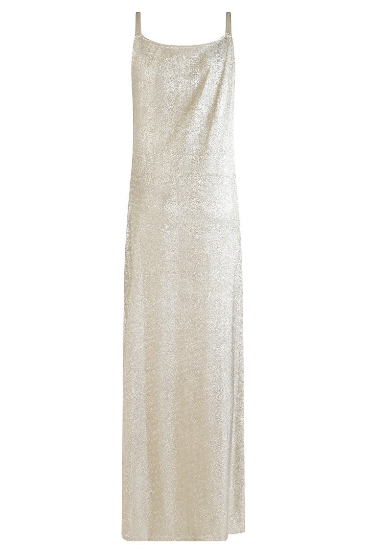 Rabanne Gold And Silver Gathered Effect Strapless Viscose Evening Dress