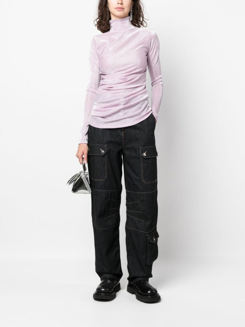 Msgm Glittery Gathered High-Neck T-Shirt