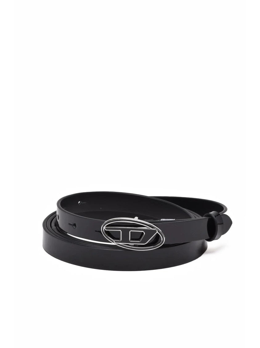 Diesel Black Patent Leather Belt With Distinctive Oval Buckle
