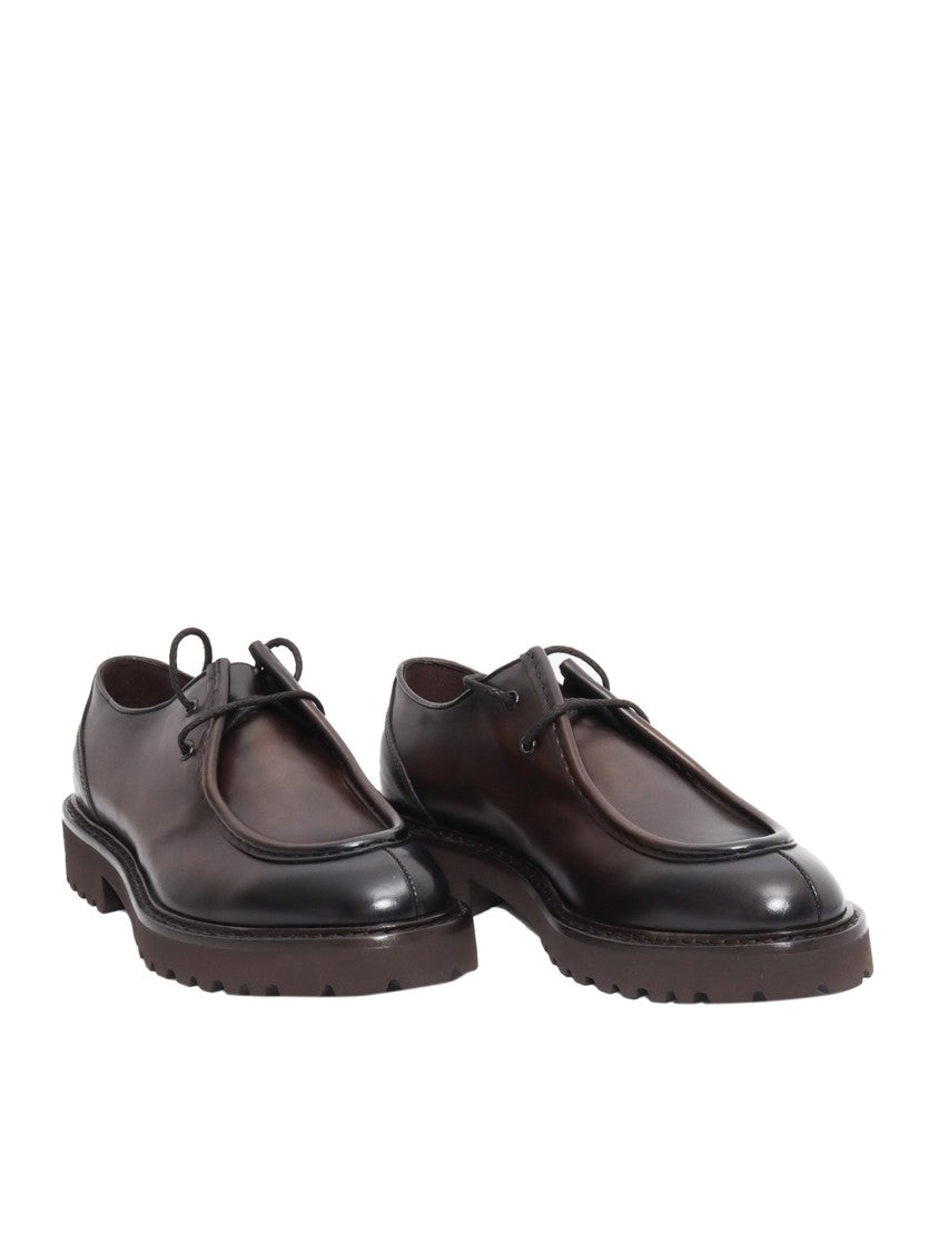 Doucal's Dark Brown Calfskin Derby Shoes With Decorative Seams