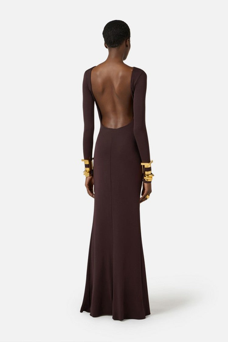 Elisabetta Franchi Brown Draped Knot Thigh-High Slit Polyester-Blend Dress