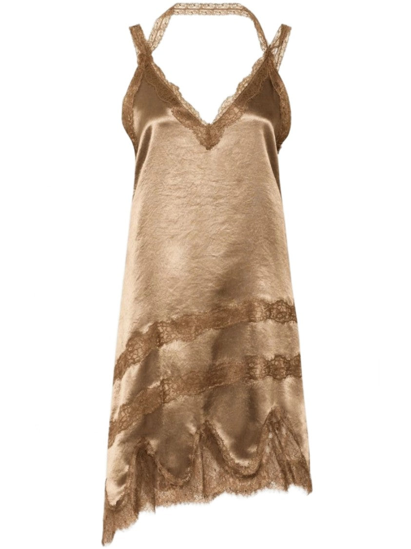 Marella Silk Slip Dress With Lace Trim And Asymmetrical Hemline