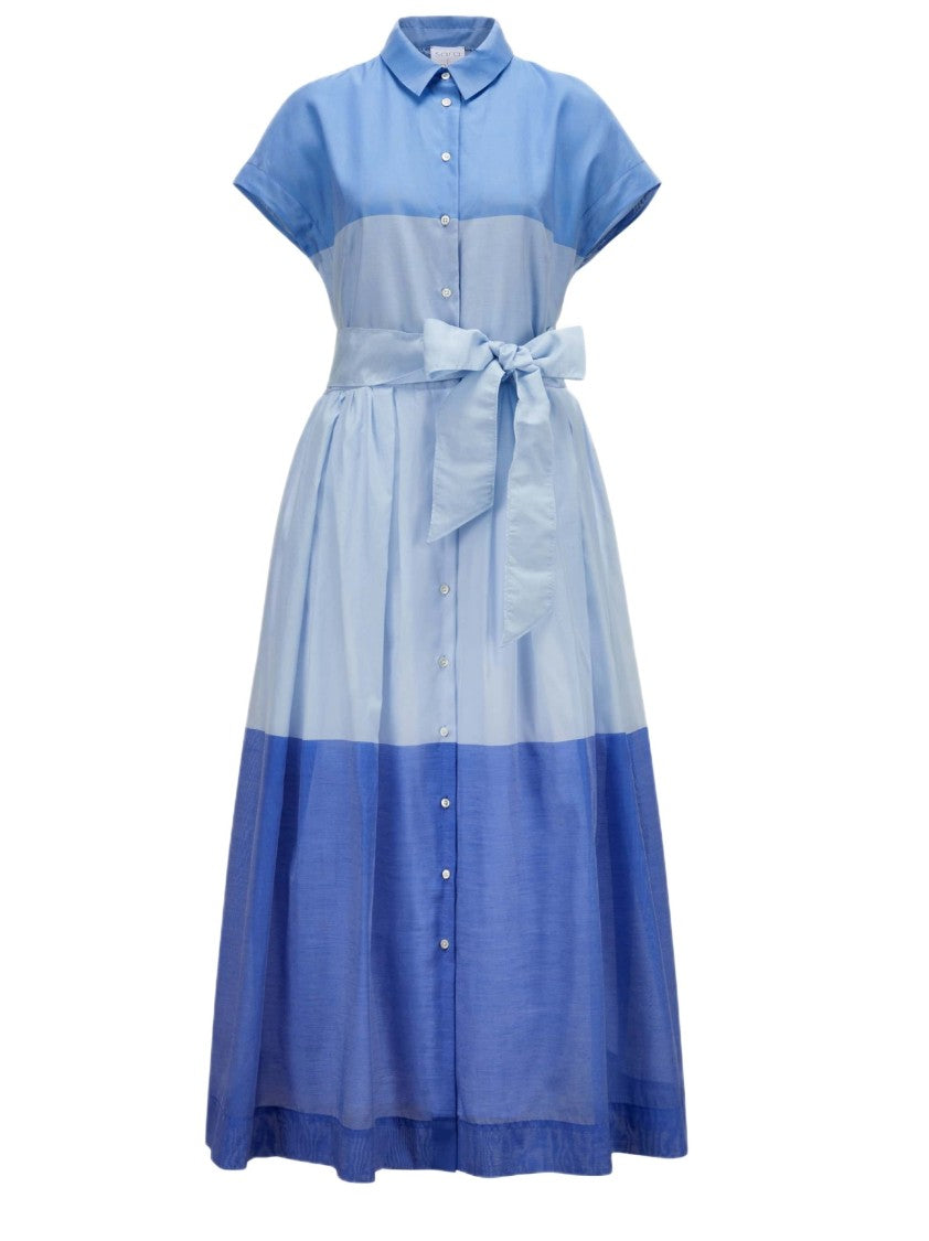 Sara Roka Color-Block Cotton Silk Shirt Dress With Waist Sash