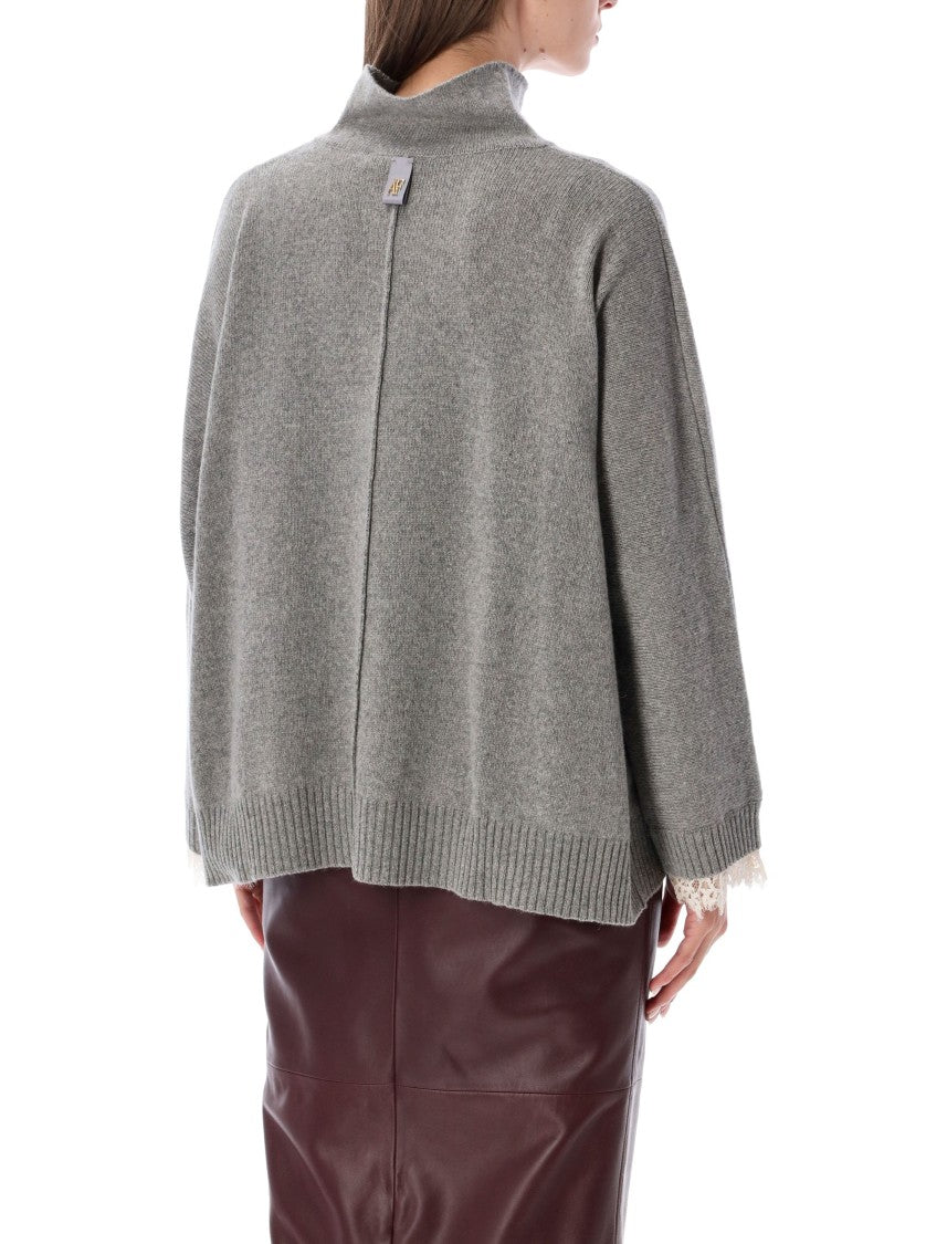 Alberta Ferretti Grey Cashmere Lace-Trim Sweater