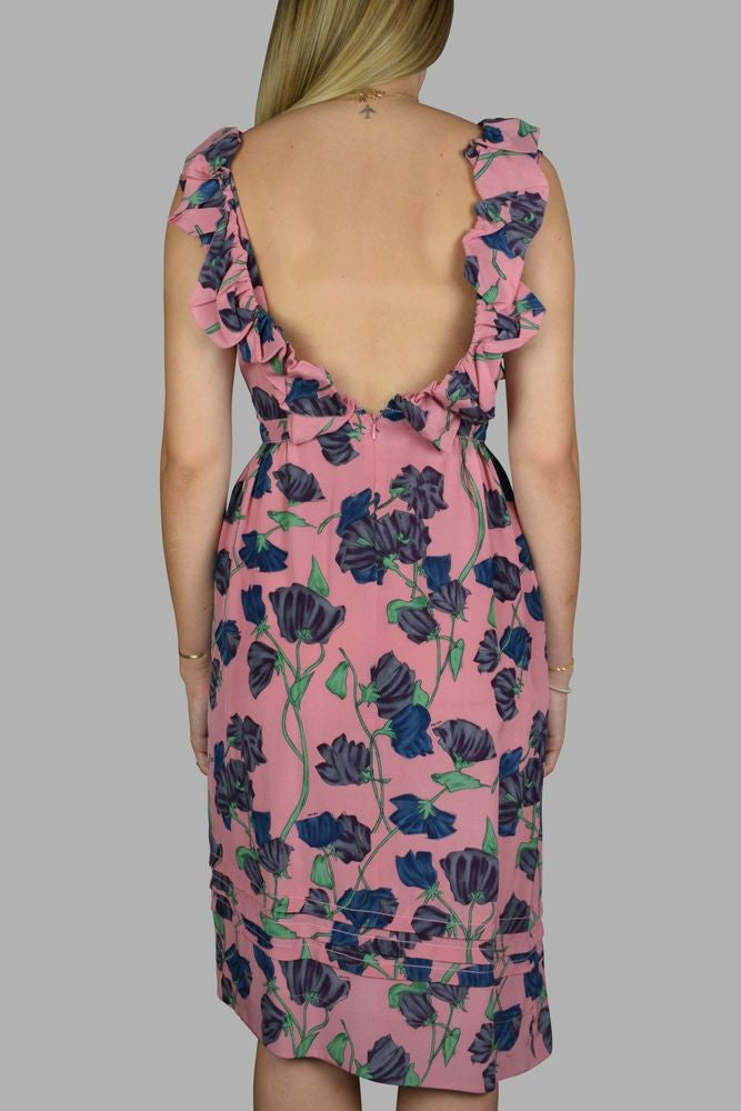 Prada Ruffled Floral Silk Dress With Fitted Waist
