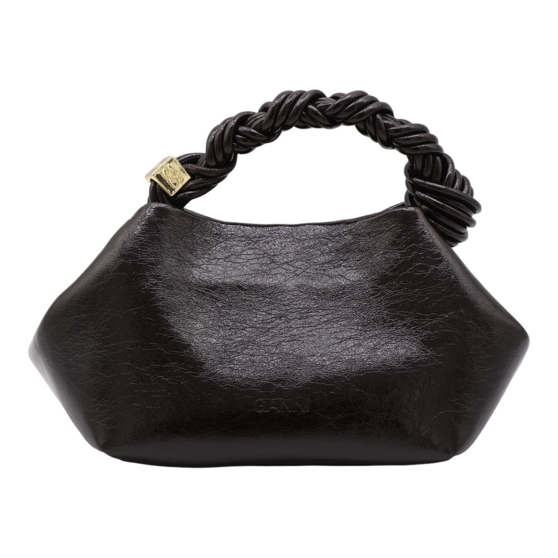 Ganni Black Glossy Twisted Handle Gold Accent Handbag