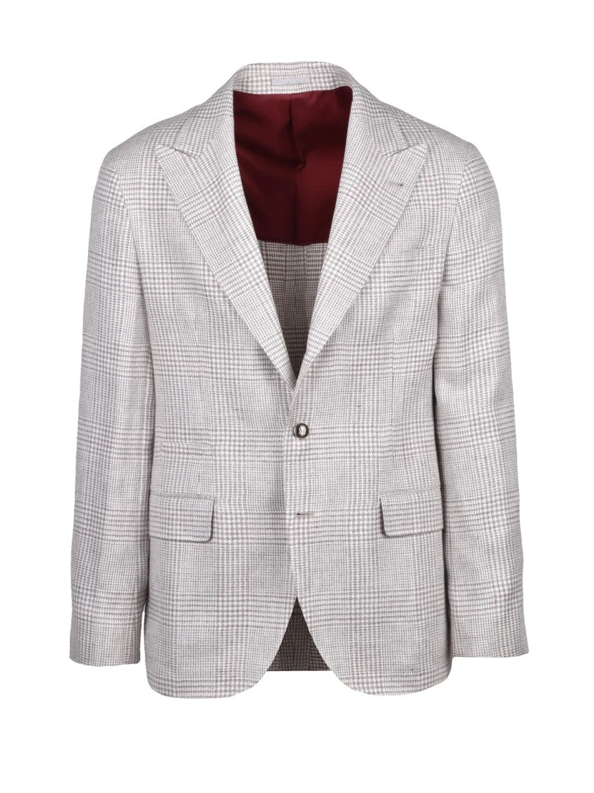Brunello Cucinelli Brown White Checkered Linen-Blend Unlined Blazer