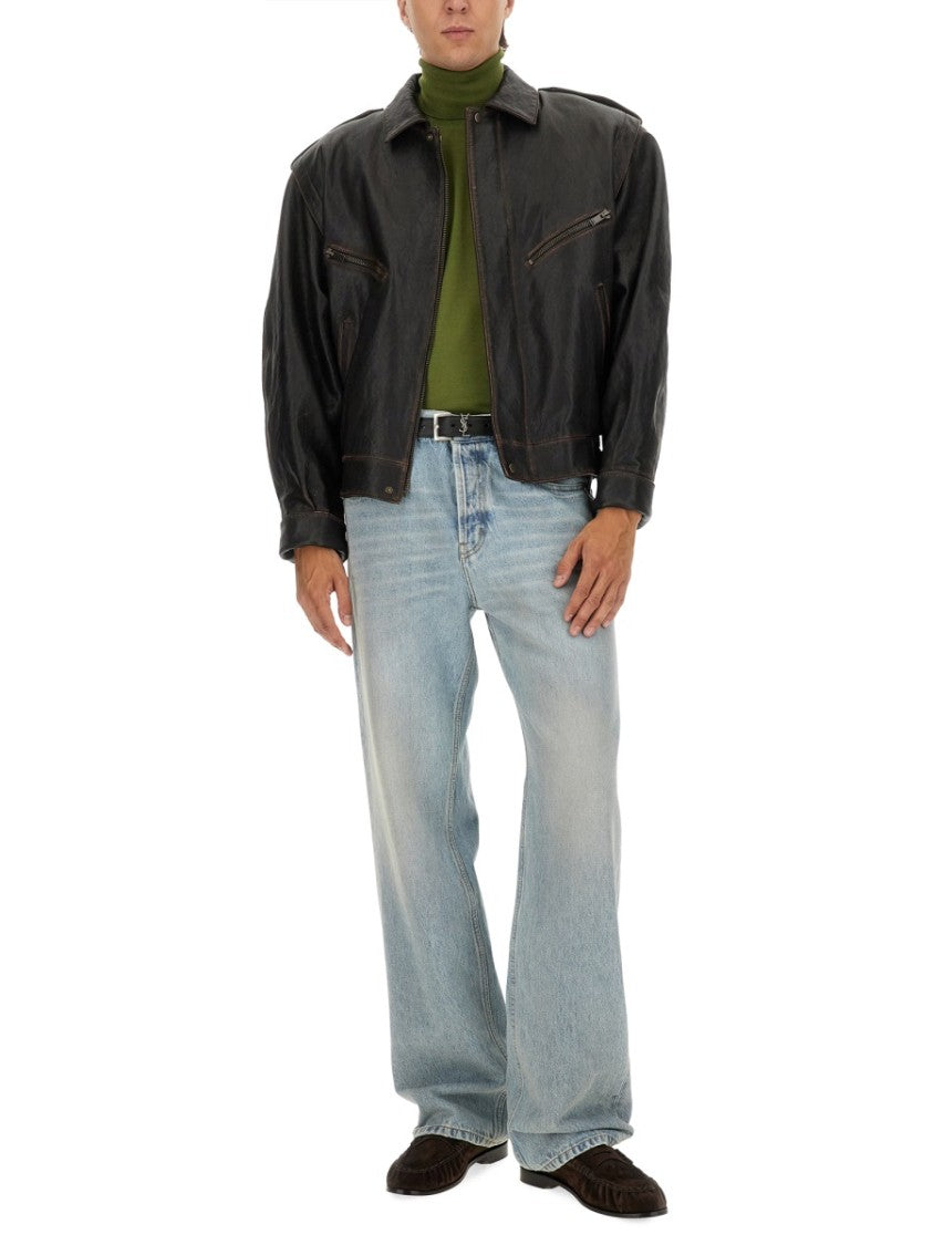 Saint Laurent Boxy Lambskin Leather Jacket With Structured Shoulders