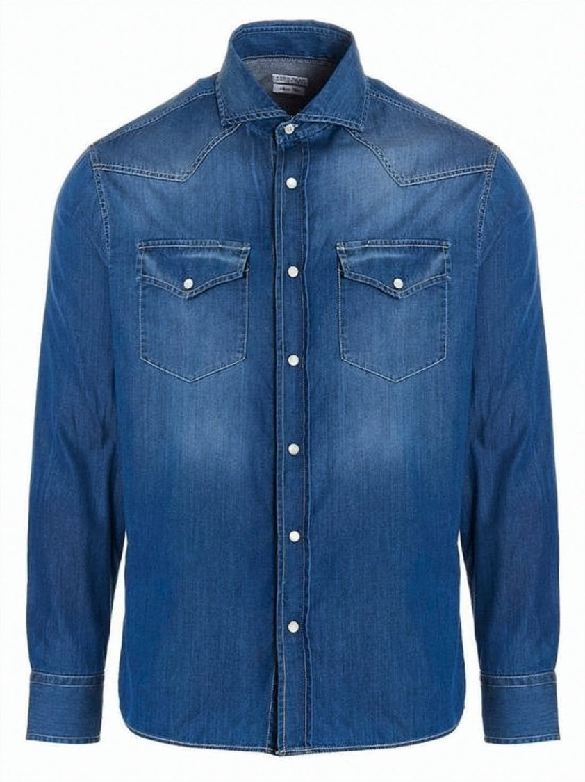 Brunello Cucinelli Classic Blue Denim Shirt With Pearl Snap Buttons