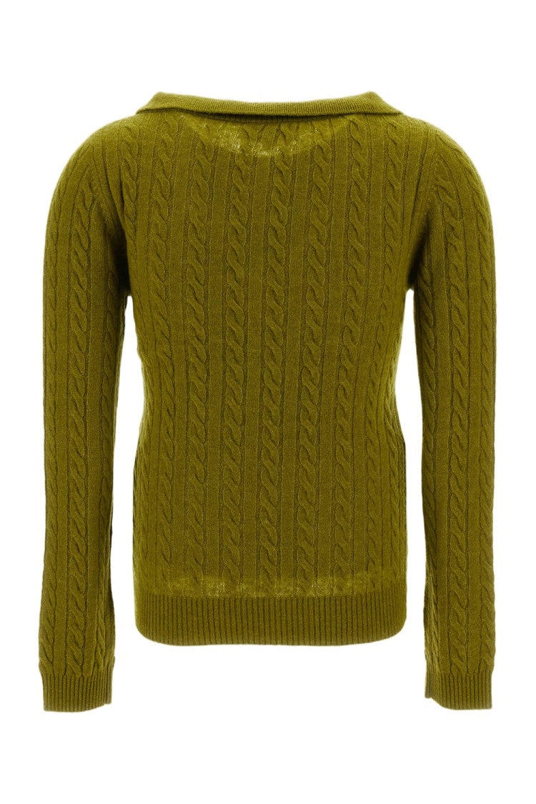 Shushu/Tong Green V-Neck Chelsea Collar Cable Knit Wool-Lyocell Sweater