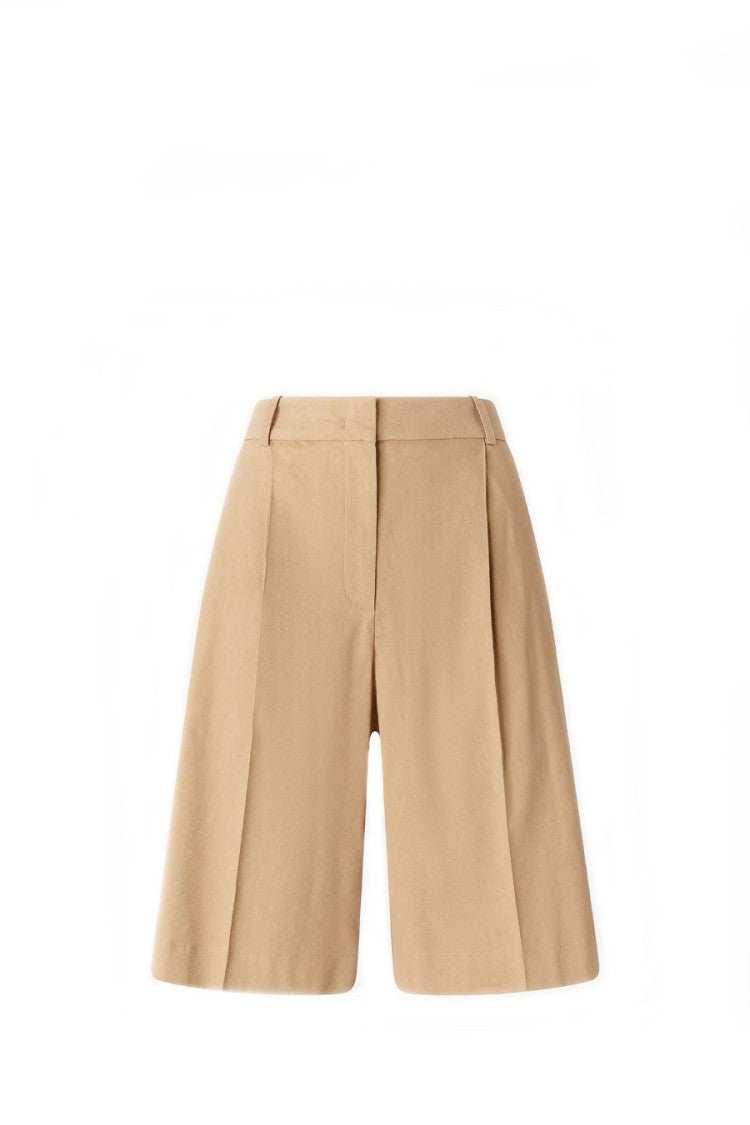 Pinko Beige Pleated Front Wide-Leg Linen-Blend Shorts