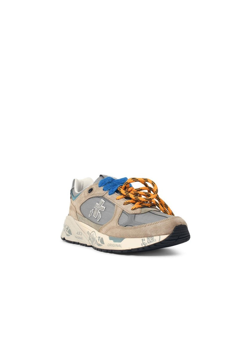 Premiata Grey And Beige Leather Blend Sneakers With Logo Accents