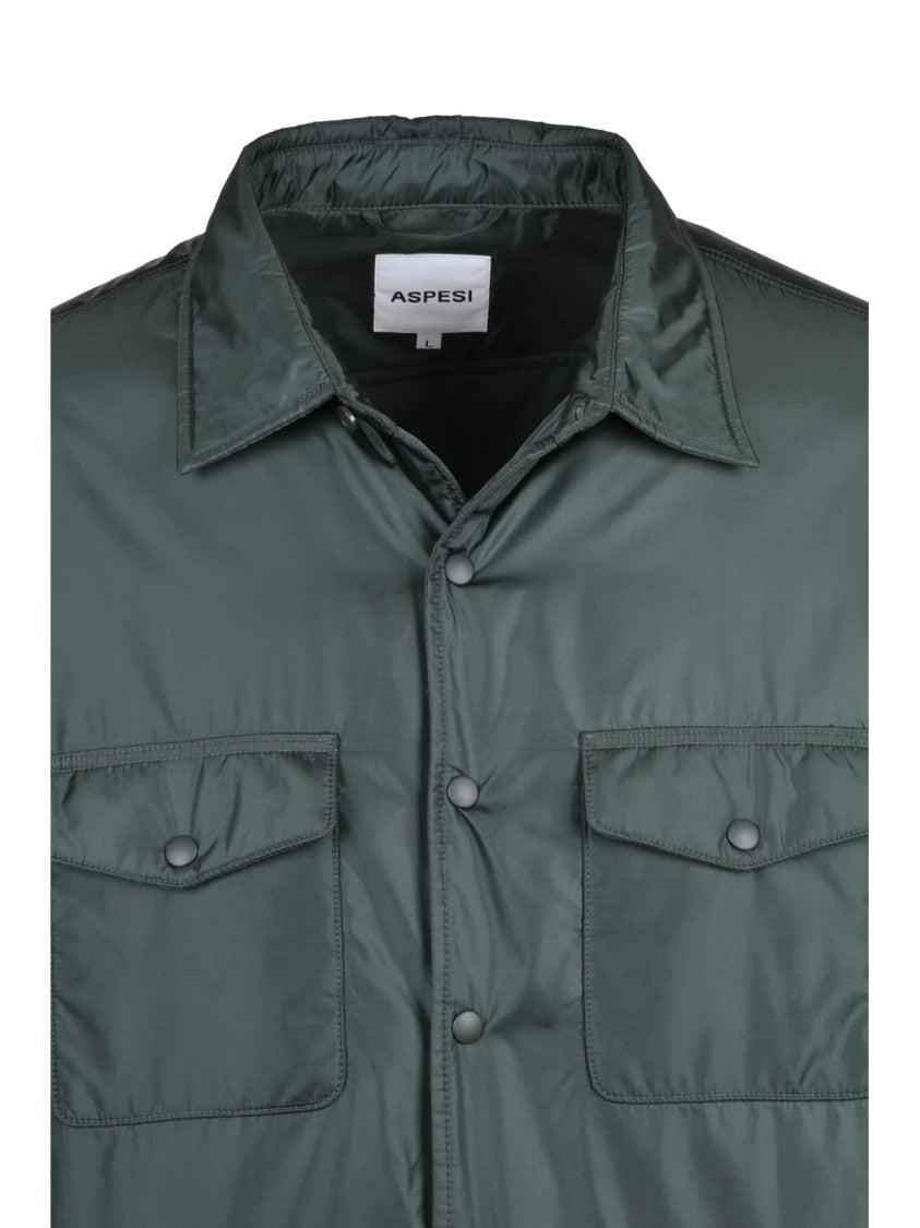 Aspesi Green Quilted Snap Button Polyamide Shirt