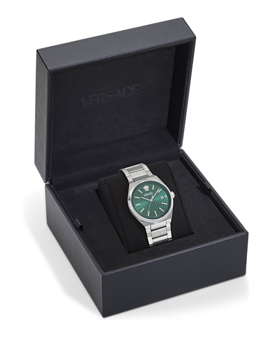 Versace V-Auria Bracelet Watch With Green Guilloche Dial And Stainless Steel Case