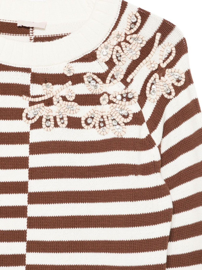 Liu Jo White Brown Striped Crewneck Sweater