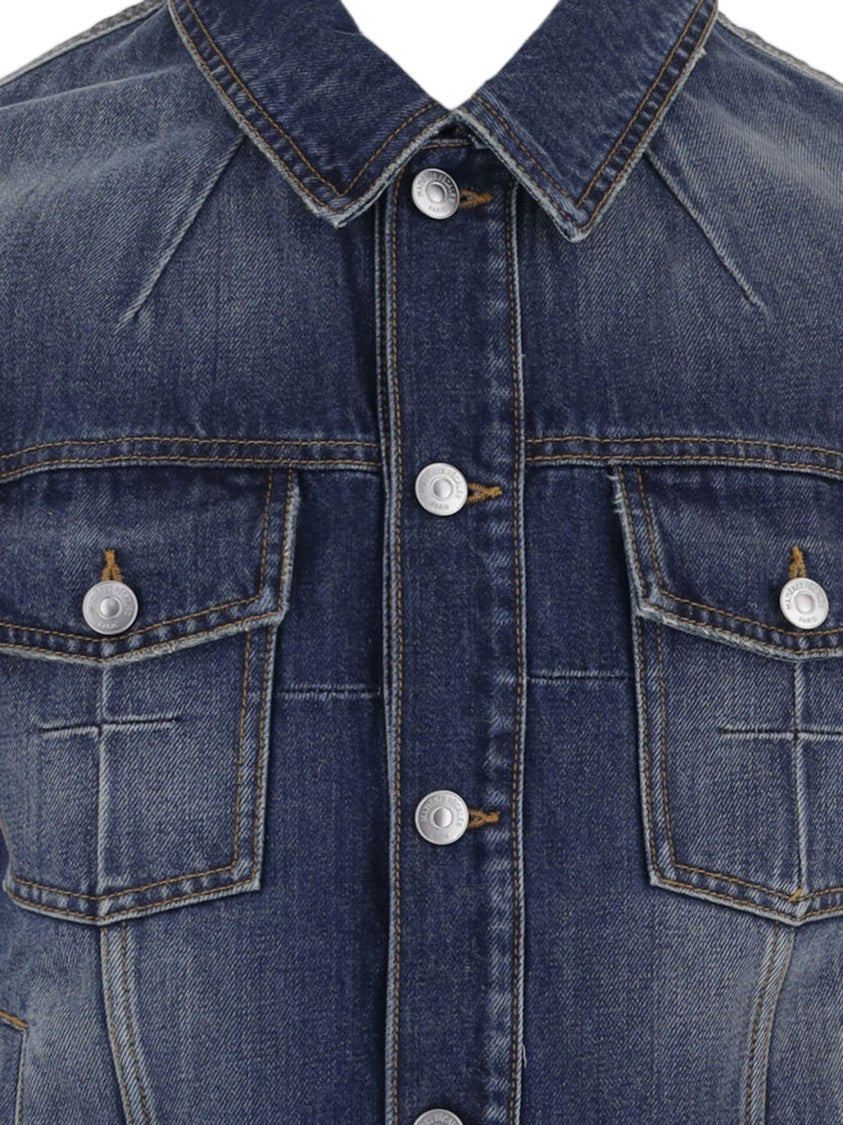Matieres Fecales Classic Collar Cotton Denim Jacket With Frayed Back Detail