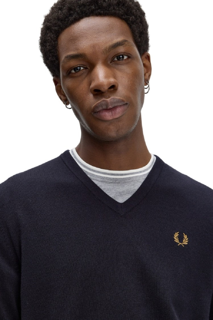 Fred Perry Blue Wool/Cotton Blend V-Neck Pullover