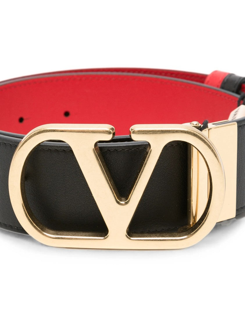Valentino Reversible Black And Red Calf Leather Belt With Polished Logo Buckle
