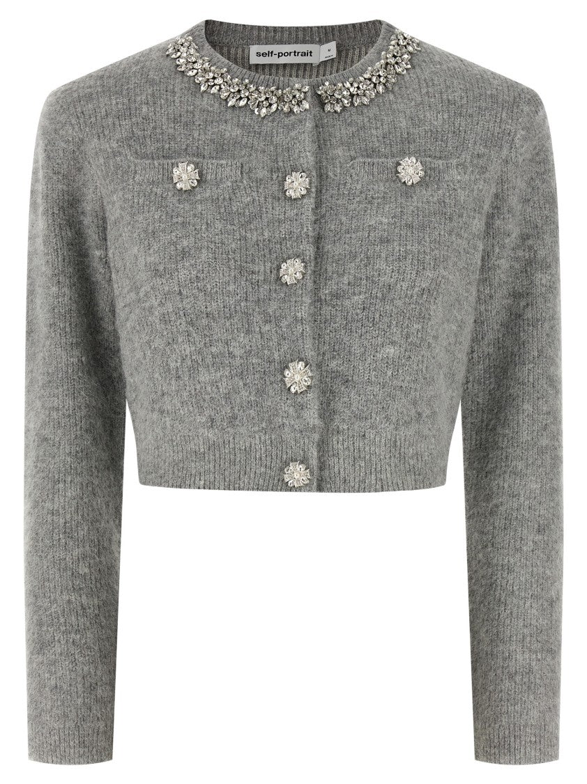 Self-Portrait 'Grey Fluffy Crystal Trim' Cardigan