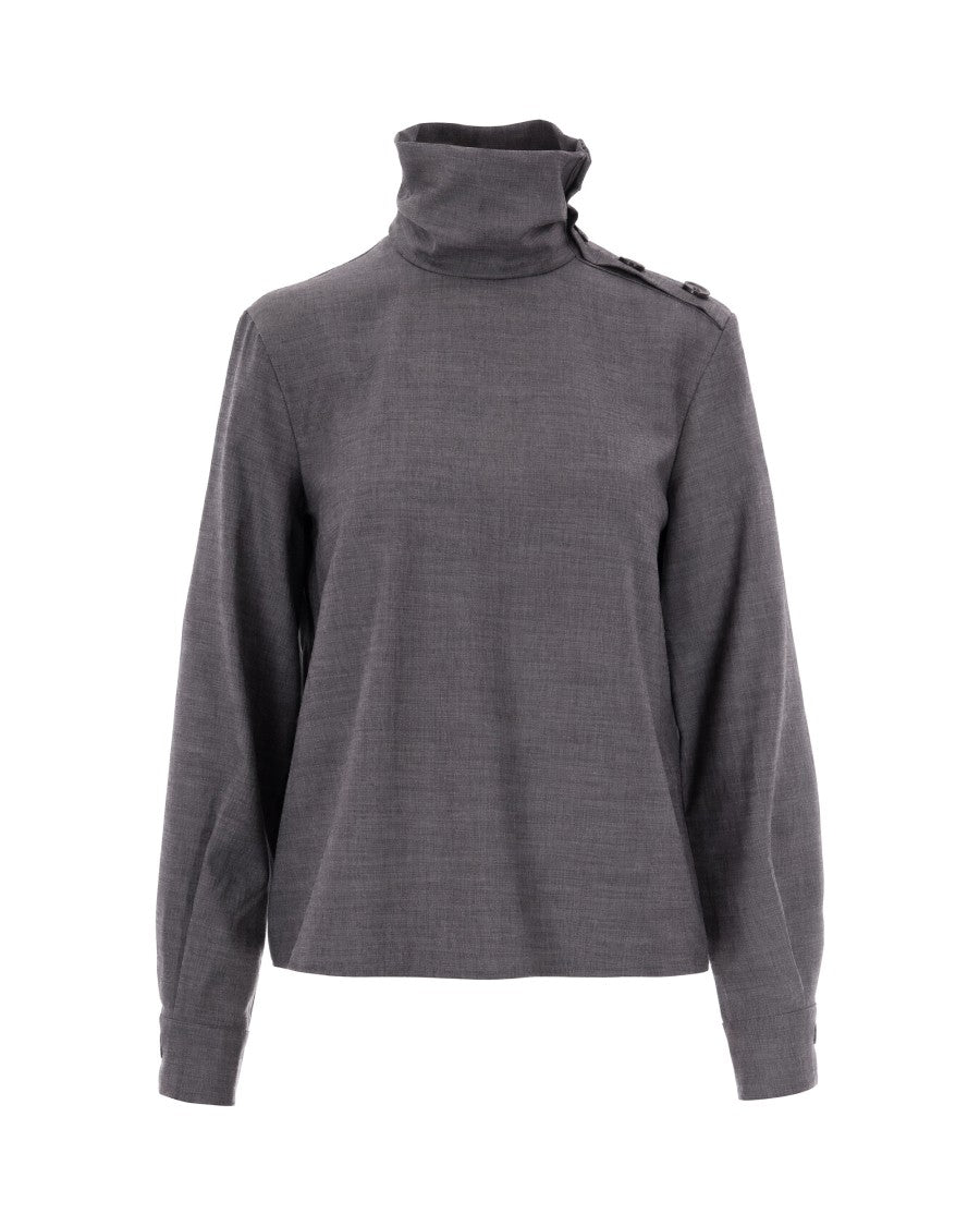 Patrizia Pepe Grey Melange Blouse With Soft Turtleneck And Buttoned Shoulder Straps