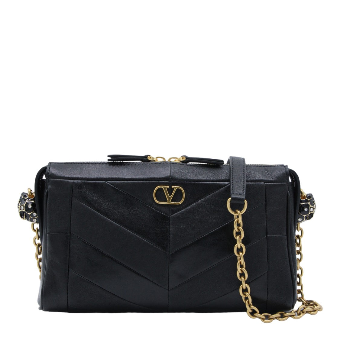 Valentino Garavani Chevron-Pattern Black Leather Bag With Gold Accents