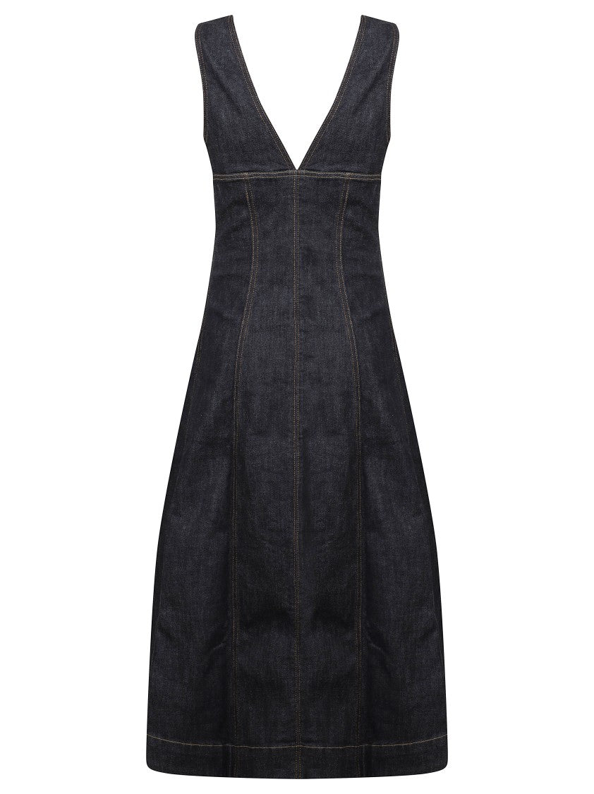 Self-Portrait Mid-Calf Denim Dress With Deep V-Neckline And Flared Skirt