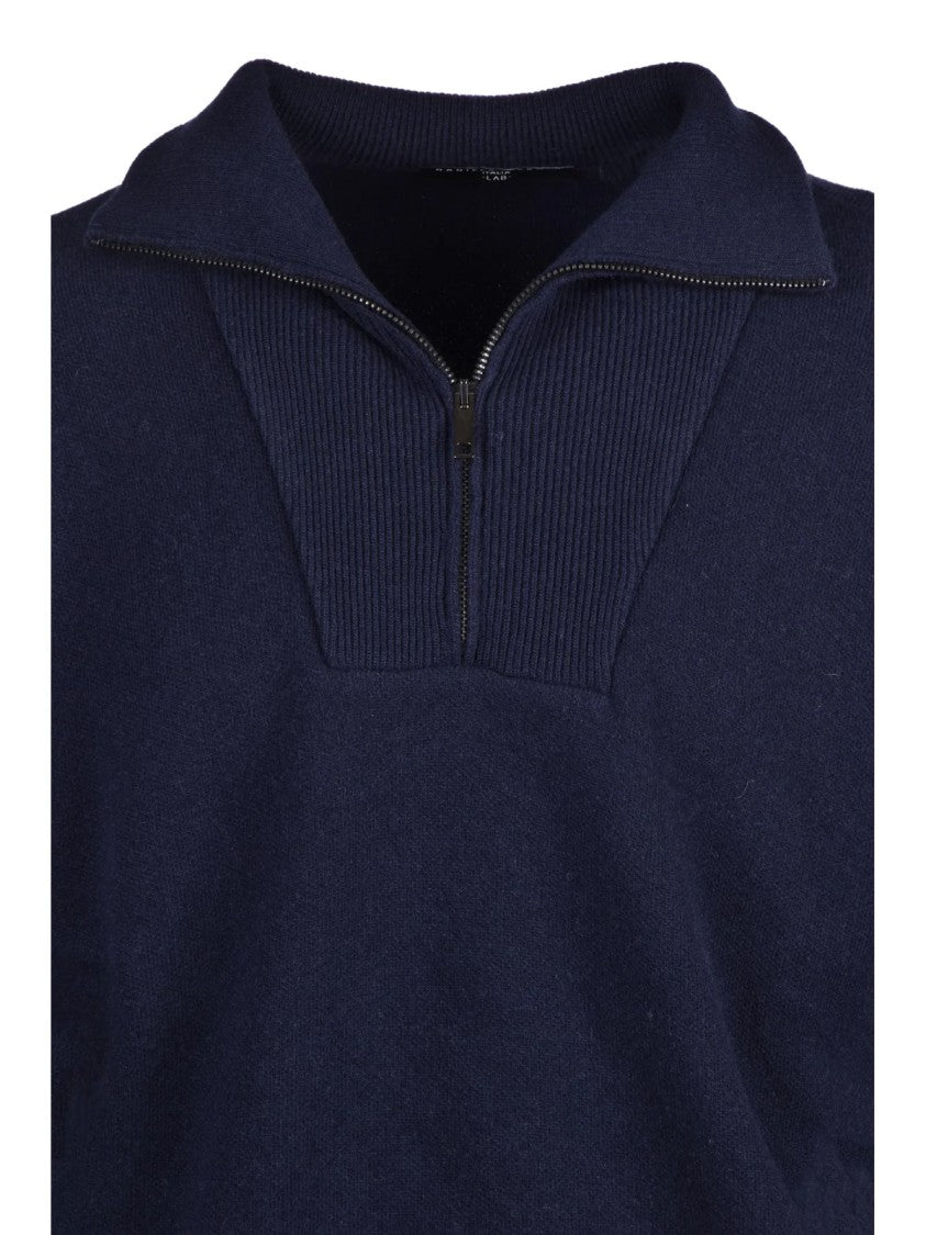 Daniele Fiesoli High Neck Zip Sweater In Deep Blue With Ribbed Detailing