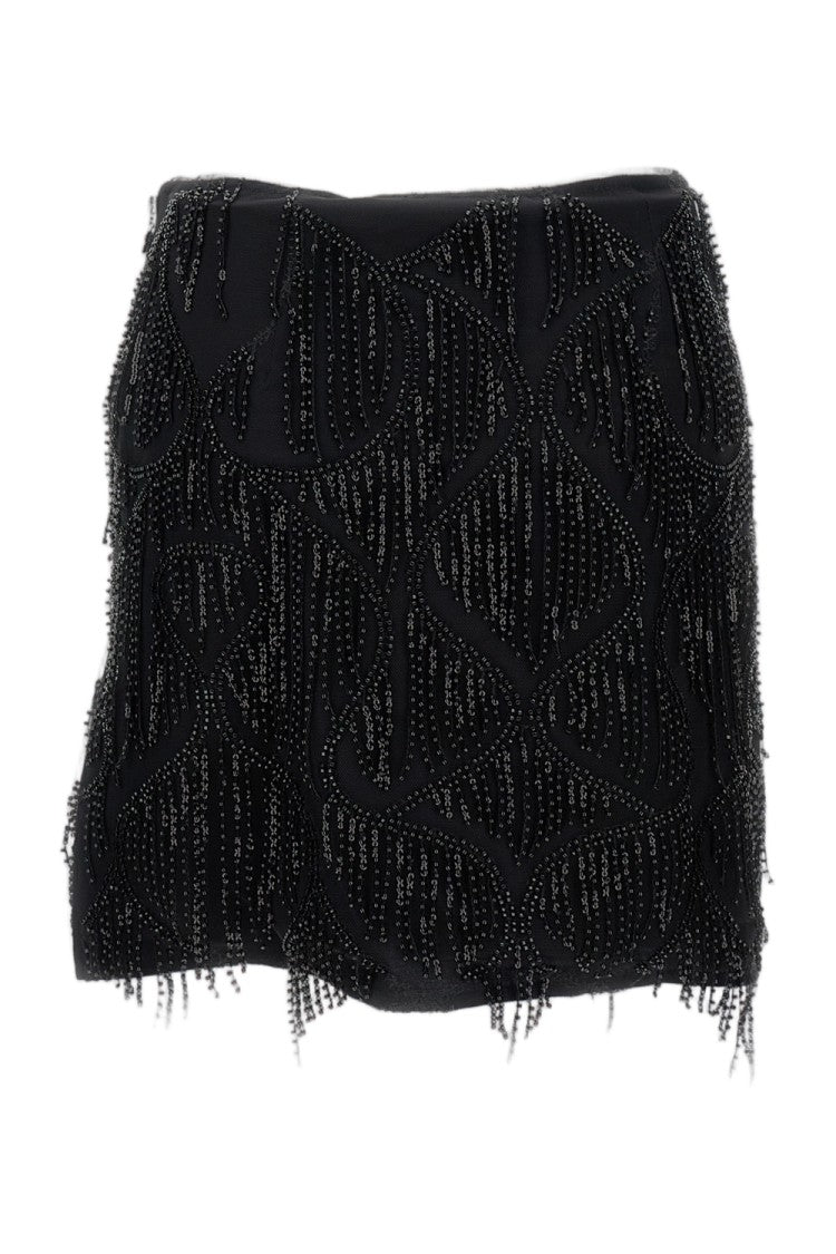 Rotate Textured Mini Skirt With Beaded Fringe And Side Zip Closure